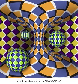 Optical illusion of rotation of three balls around of a moving hyperboloid. Abstract background.