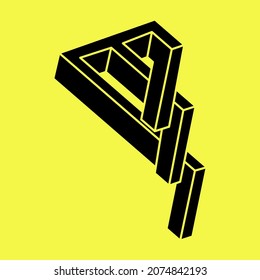 Ilusión óptica. Cifras sagradas de geometría. Formas imposibles. Resumen de objeto geométrico eterno. Imposible contorno interminable. Arte óptico. Forma de geometría imposible sobre un fondo amarillo.