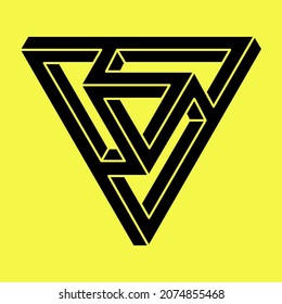 Optical illusion. Sacred geometry. Impossible shapes. Abstract eternal geometric object. Impossible endless outline figure. Optical art. Impossible geometry symbol on a yellow background. 