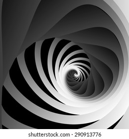 Optical illusion. Screw and receding into the distance of the triangular rounded spiral ribbons and black-and-white striped section.