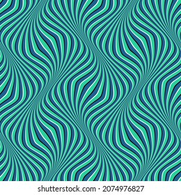 Optical illusion seamless pattern in african style. Moving repeatable texture of blue and green wavy stripes.