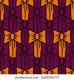 Optical Illusion Seamless Pattern with Interlocking Purple and Orange Bows Outlined in Black