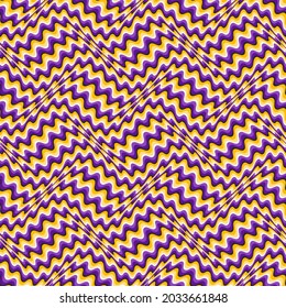 Optical illusion seamless pattern. Moving repeatable texture of purple and golden winding stripes.