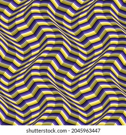 Optical illusion seamless pattern. Moving repeatable yellow purple warped striped faceted texture.