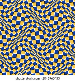 Optical illusion seamless pattern. Moving repeatable orange blue warped checkered texture.