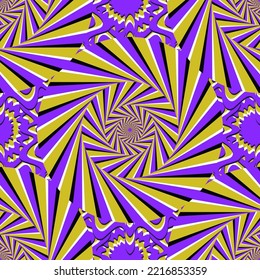 Optical illusion seamless pattern. Moving visual hypnotic optic art. Vector illustration. Decorative hippie style, hallucination, psilocybin. 60s, 70s 