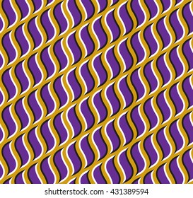 Optical illusion seamless pattern. Purple hooks move on golden background.