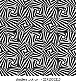 Optical illusion seamless pattern vector, twisting squares, moving circles, textile, fashion statement, white and black, busy pattern, complex optical illusion, extravagant fabric, digital product 