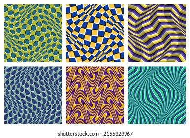 Optical illusion seamless patterns set of colored moving shapes. Psychedelic fabric swatches design.