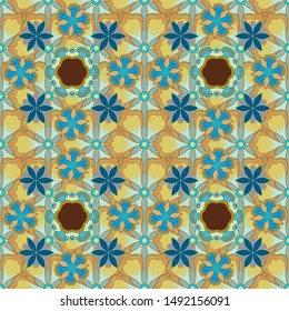 Optical illusion. Seamless texture of floral ornament in blue, orange and beige colors. Vector illustration good for the interior design, printing, web and textile design.