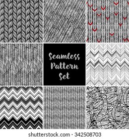Optical illusion: set of black and white repeating backgrounds. Seamless pattern. Vector illustration. Design for fabrics, textiles, paper, wallpaper, web. Coloring book pages for kids and adults.