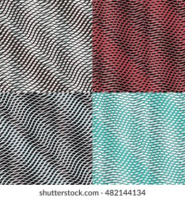 Optical illusion. Set of four seamless striped pattern. Stylized wave. Ripple. Colorful vector  background.