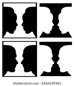 Optical illusion. Set of illusions Vase and profiles of a human head. Science vector illustration