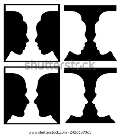 Optical illusion. Set of illusions Vase and profiles of a human head. Science vector illustration