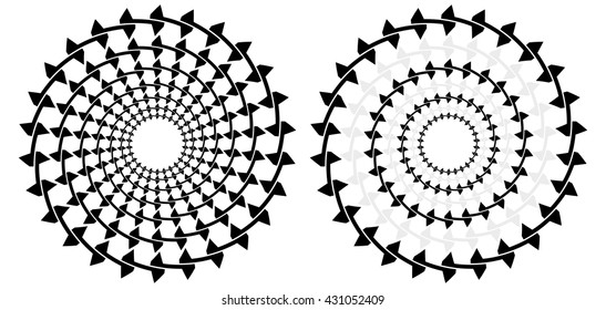 Optical illusion - seven concentric circles that look like one spiral moving in toward the center with explanation on the right