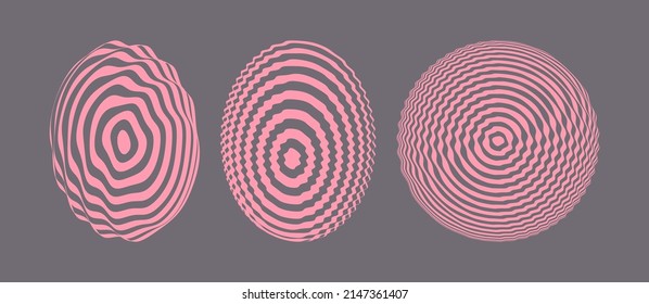 Optical illusion in the shape of distorted sphere. Striped deformed circle. Abstract digital signal form. Sound wave. 3D vector illustration for cover, poster, flyer or banner.