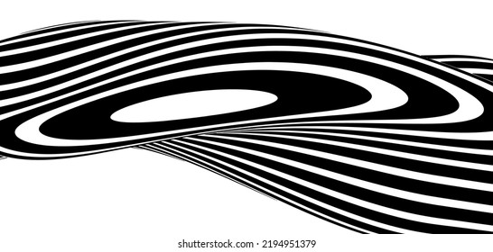Optical illusion in the shape of distorted waves. Abstract vector background with black and white lines. Pattern distorted textures.