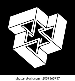 Optische Täuschungsform. Escher Stil. Optisches Kunstobjekt. Unmögliche Zahlen. Heilige Geometrie.
