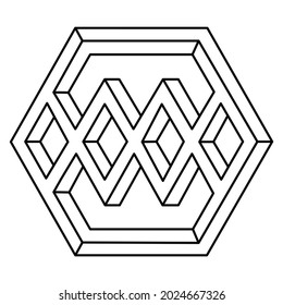 Optische Täuschungsform, geometrische Figur, unmögliches Hexagon. Op Art Objekt.
