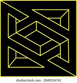 Forma de ilusión óptica, figura imposible, líneas amarillas en un fondo negro, objeto de arte óptico. Geometría.