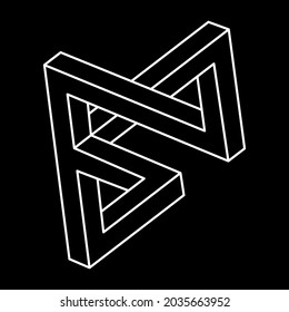 Optical illusion shape, impossible figures, white lines on a black background, optical art object. Escher style. Geometric figures.