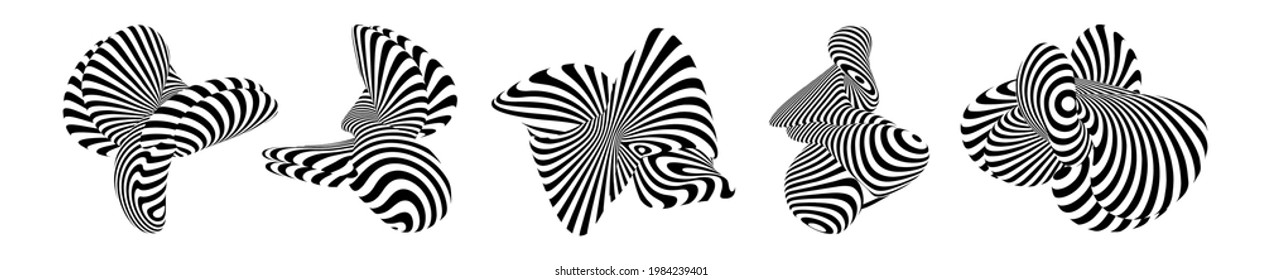 Optical illusion shapes vector set. Black and white 3d art. Stripe abstract Design Element, for advertising, marketing and presentation.