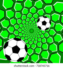 Optical illusion - soccer ball in a green hexagonal tunnel