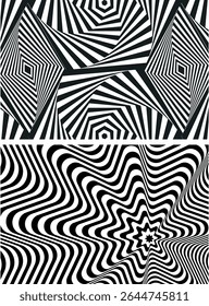 Optical illusion spiral with black and white stripes. Twisting Whirl Motion. Modern liquify lines effect background.
