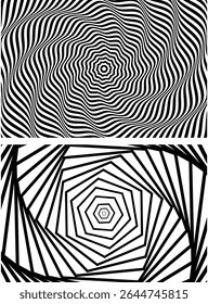 Optical illusion spiral with black and white stripes. Twisting Whirl Motion. Modern liquify lines effect background.