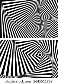 Optical illusion spiral with black and white stripes. Twisting Whirl Motion. Modern liquify lines effect background.