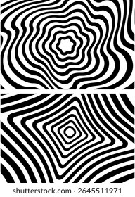 Optical illusion spiral with black and white stripes. Twisting Whirl Motion. Modern liquify lines effect background.