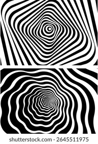 Optical illusion spiral with black and white stripes. Twisting Whirl Motion. Modern liquify lines effect background.