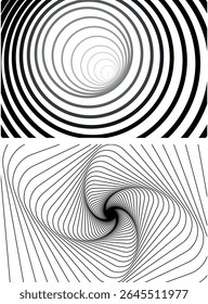 Optical illusion spiral with black and white stripes. Twisting Whirl Motion. Modern liquify lines effect background.