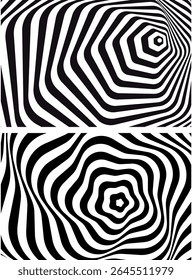 Optical illusion spiral with black and white stripes. Twisting Whirl Motion. Modern liquify lines effect background.