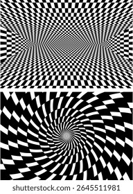 Optical illusion spiral with black and white stripes. Twisting Whirl Motion. Modern liquify lines effect background.