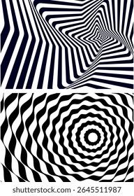Optical illusion spiral with black and white stripes. Twisting Whirl Motion. Modern liquify lines effect background.