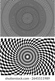 Optical illusion spiral with black and white stripes. Twisting Whirl Motion. Modern liquify lines effect background.