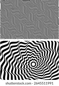 Optical illusion spiral with black and white stripes. Twisting Whirl Motion. Modern liquify lines effect background.