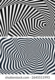 Optical illusion spiral with black and white stripes. Twisting Whirl Motion. Modern liquify lines effect background.