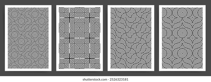 Optical Illusion and Square Grid Pattern Set. Bold Black and White Geometric Designs for A4 Posters and Brochures.