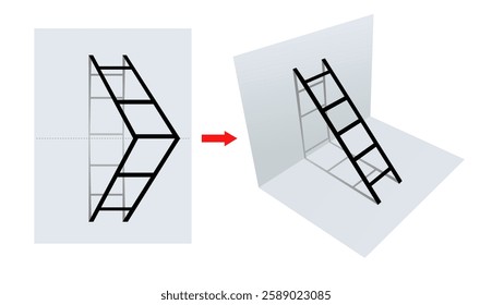 Optical illusion stairs. Drawing scheme. Flat illustration and 3d illustration