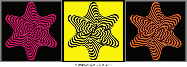Optical illusion stars set. Pink, Black and orange stars with optical illusion effect on a black and yellow backgrounds.