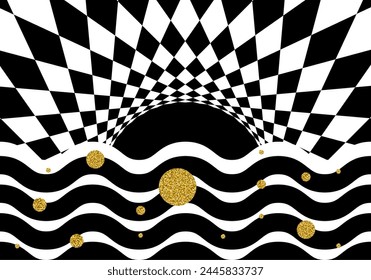 optical illusion stripes texture with abstract sunrise, waves, with golden shiny circles. geometric background design with hypnotic patterns, pop art illustration