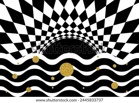 optical illusion stripes texture with abstract sunrise, waves, with golden shiny circles. geometric background design with hypnotic patterns, pop art illustration