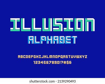 Optical illusion style alphabet design with uppercase, numbers and symbols