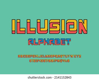 Optical illusion style alphabet design with uppercase, numbers and symbols