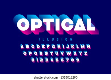 Optical illusion style font design, alphabet letters and numbers, vector illustration