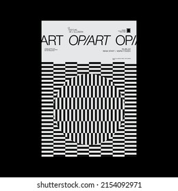 Optical Illusion style poster design layout with Op-Art digital graphics and Helvetica typography aesthetics, built with minimalist geometric forms and abstract vector shapes. 