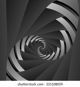 Optical illusion. A swirling, dark metal spiral consisting of two connecting parts.