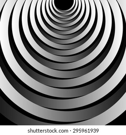 Optical illusion. Symmetrical fractal radiating from the center of the top volume monochrome floor ellipses.